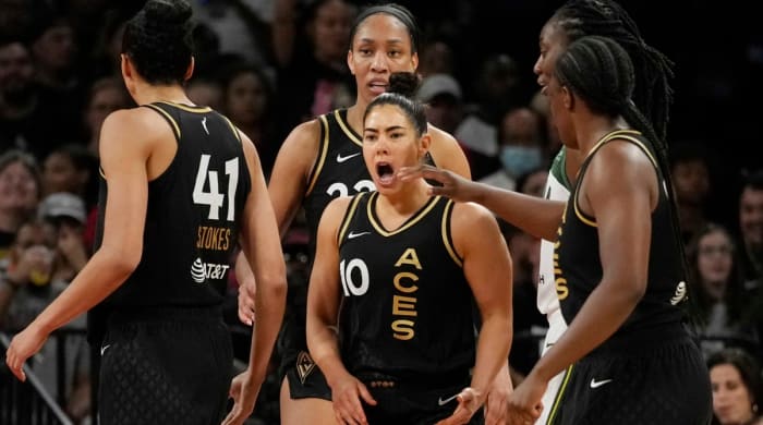 Aces’ Kelsey Plum reacts after a play against the Storm.